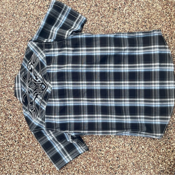 Casual Men's Black and Blue Plaid Shirt - Picture 3 of 4